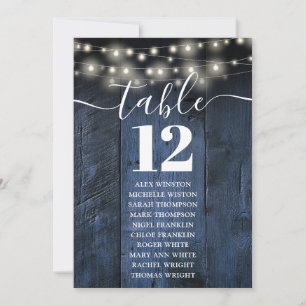 Blue Wood String Lights Table Number Seating Chart