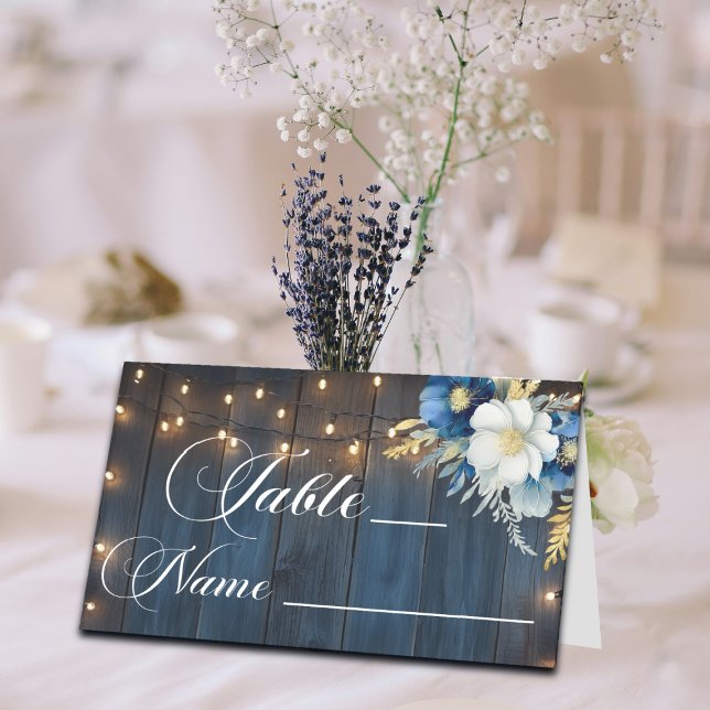 Blue Wood String Lights Wedding Table Number Place Card (Creator Uploaded)