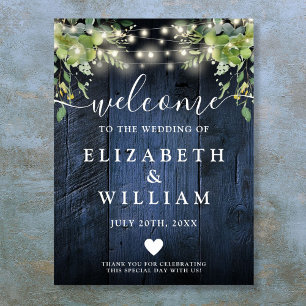 Blue Wood String Lights Wedding Welcome Sign