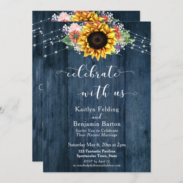 Blue Wood Sunflower Lights Celebrate with Us Invitation (Front/Back)