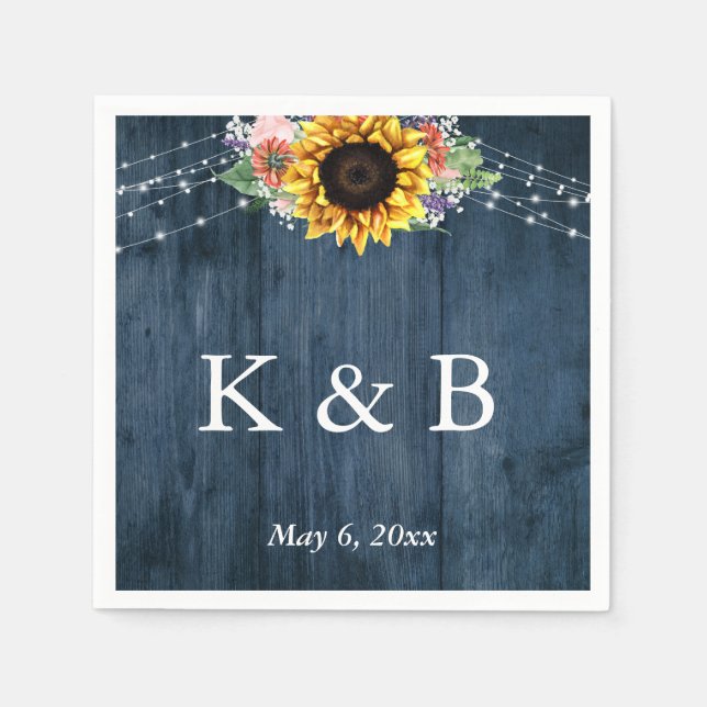 Blue Wood Sunflower Lights Initials & Date Napkin (Front)