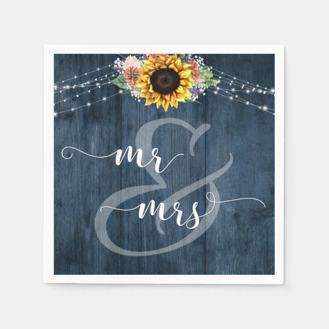 Blue Wood Sunflower Lights Mr and Mrs Napkin (Front)