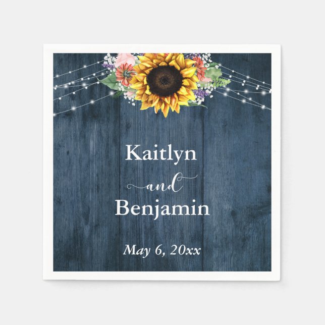 Blue Wood Sunflower Lights Names & Date Napkin (Front)