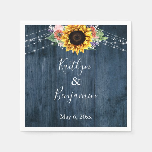 Blue Wood Sunflower Lights Names & Date Napkin (Front)