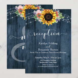 Blue Wood Sunflower Lights Wedding Reception Invitation
