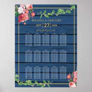 Blue Wood Vintage Roses Gold Wedding Seating Chart