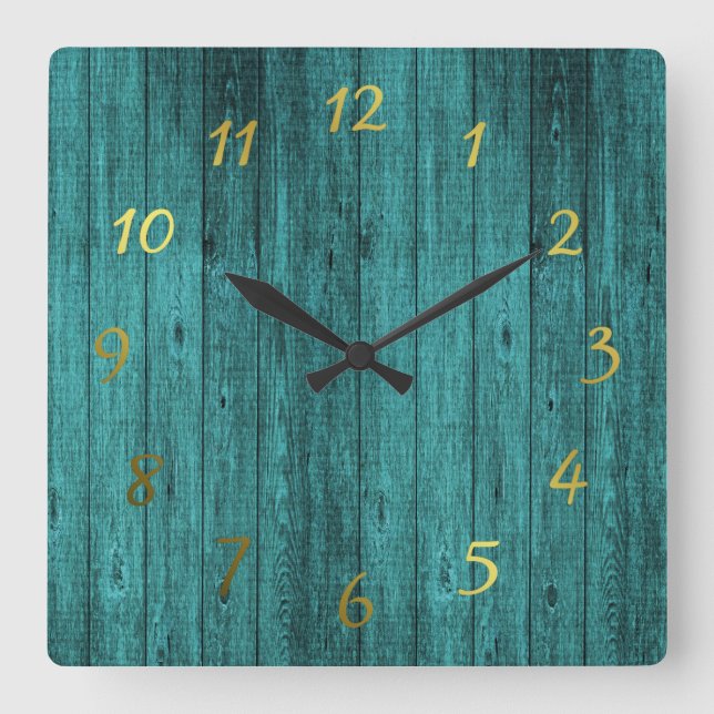 blue wood watches square wall clock (Front)