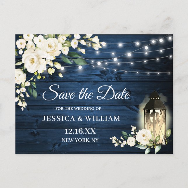 Blue Wood White Roses Rustic Wedding Save the Date Postcard (Front)
