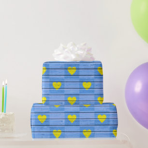Blue Wood With Yellow Hearts Wrapping Paper