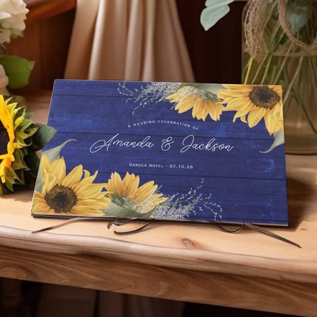 Blue wooded rustic sunflower wedding guest book (Navy blue rustic watercolor sunflower themed wedding guestbook)