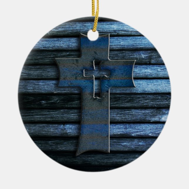 Blue Wooden Cross Ceramic Ornament (Front)