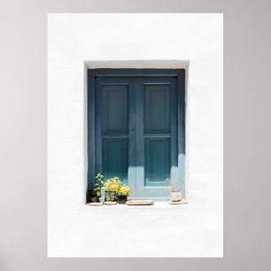 BLUE WOODEN DOOR ON WHITE CONCRETE WALL POSTER