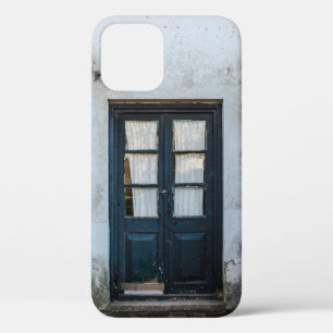BLUE WOODEN DOOR PANEL IN WHITE BUILDING iPhone 12 CASE