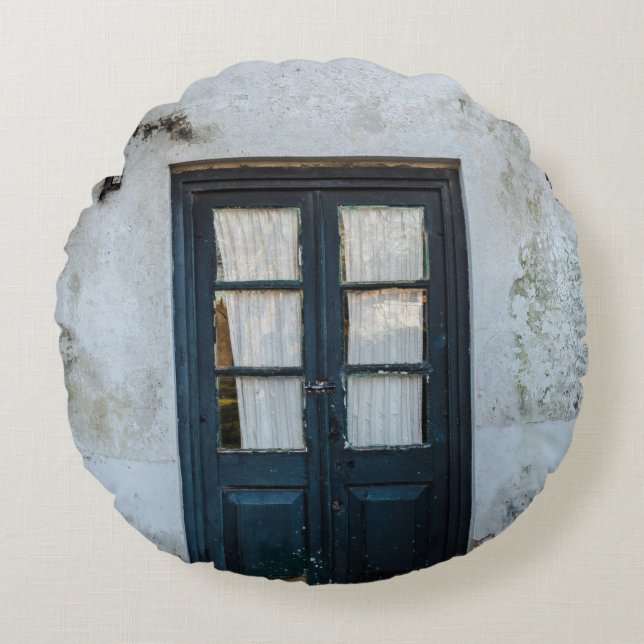 BLUE WOODEN DOOR PANEL IN WHITE BUILDING ROUND CUSHION (Front)