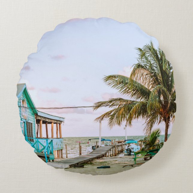 BLUE WOODEN HOUSE NEAR BODY OF WATER ROUND CUSHION (Front)