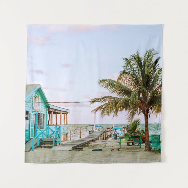 BLUE WOODEN HOUSE NEAR BODY OF WATER TAPESTRY (Front)