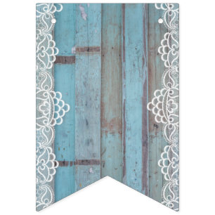 Blue Wooden Panel With White Lace Bunting