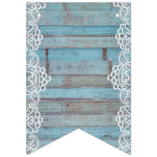Blue Wooden Panel With White Lace Bunting