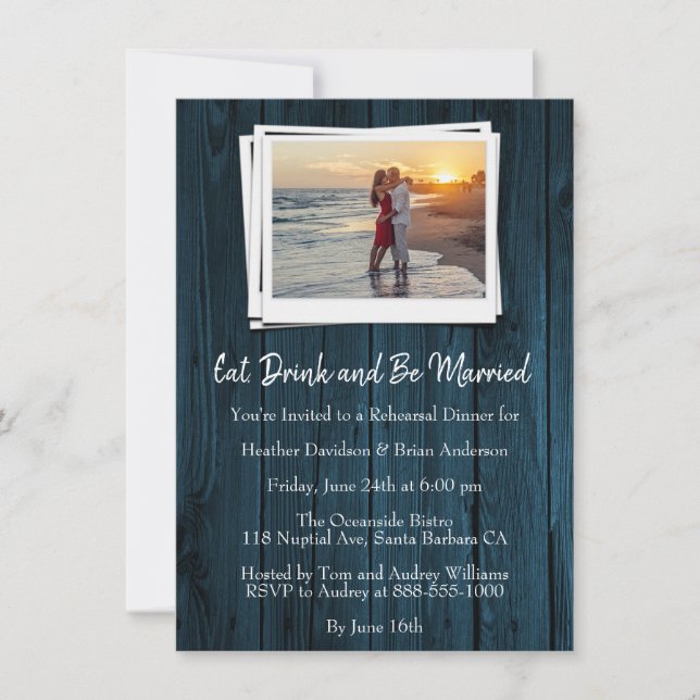 Blue Wooden Photo Rehearsal Dinner Invite (Front)
