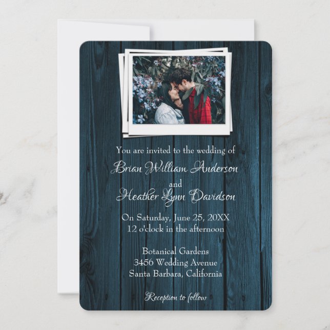 Blue Wooden Photo Wedding Invitation (Front)