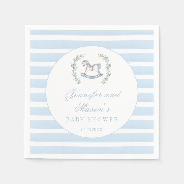 Blue wooden rocking horse boho baby boy shower napkin (Front)