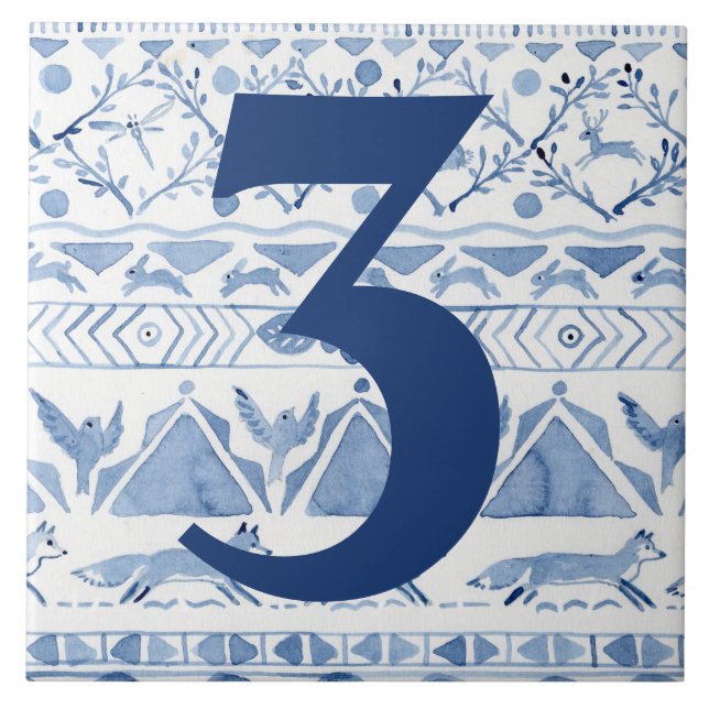Blue Woodland Animal Ikat House Address Number 3 Ceramic Tile (Front)
