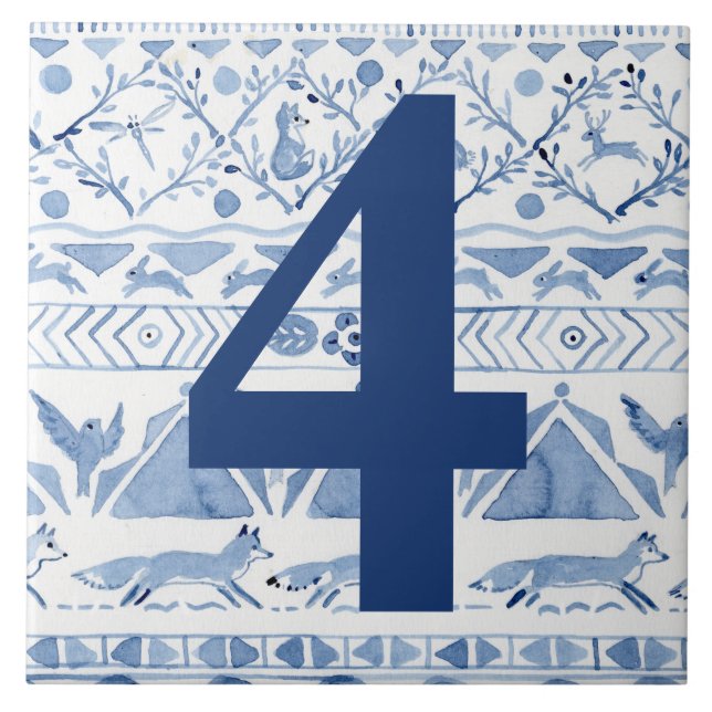 Blue Woodland Animal Ikat House Address Number 4 Ceramic Tile (Front)