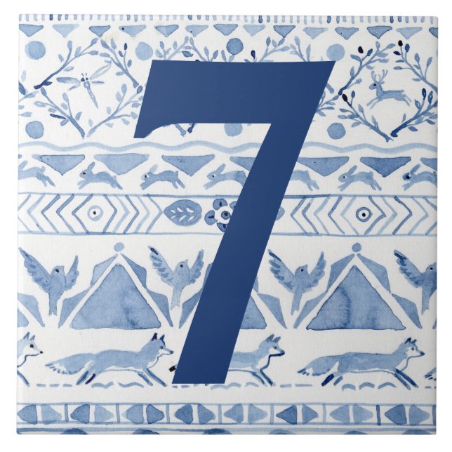 Blue Woodland Animal Ikat House Address Number 7 Ceramic Tile (Front)