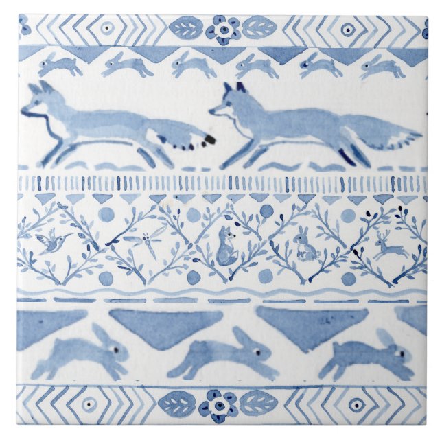 Blue Woodland Animal Ikat Pattern Fox Version 3 Ceramic Tile (Front)