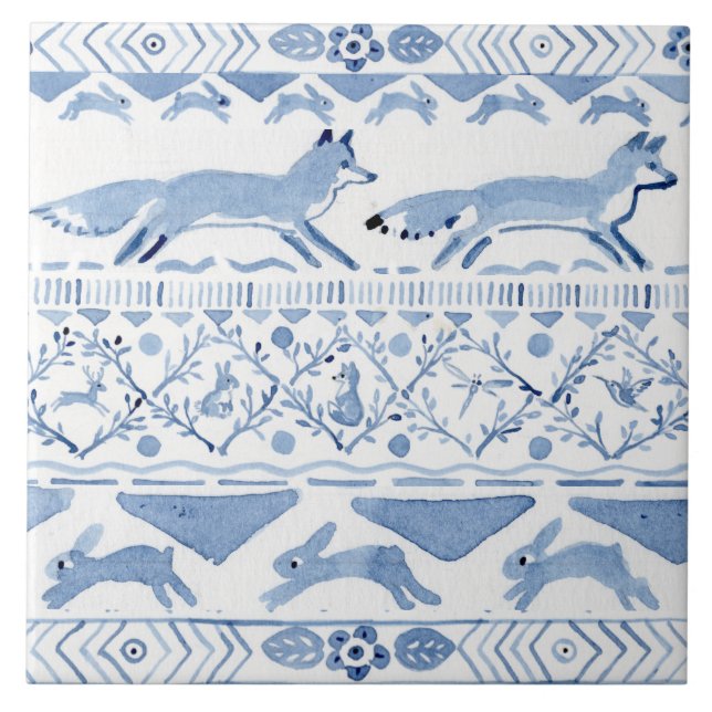 Blue Woodland Animal Ikat Pattern Fox Version 3 Ceramic Tile (Front)