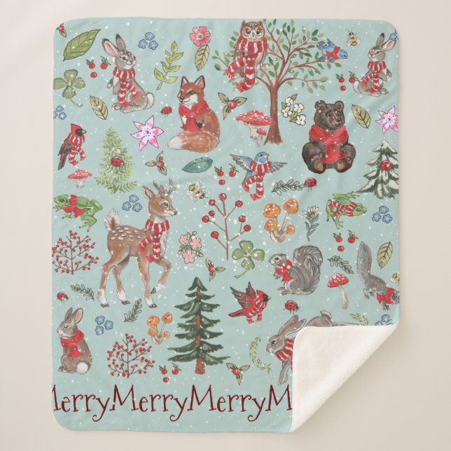 Blue Woodland Animal Winter Snow Christmas Child's Sherpa Blanket (Front)