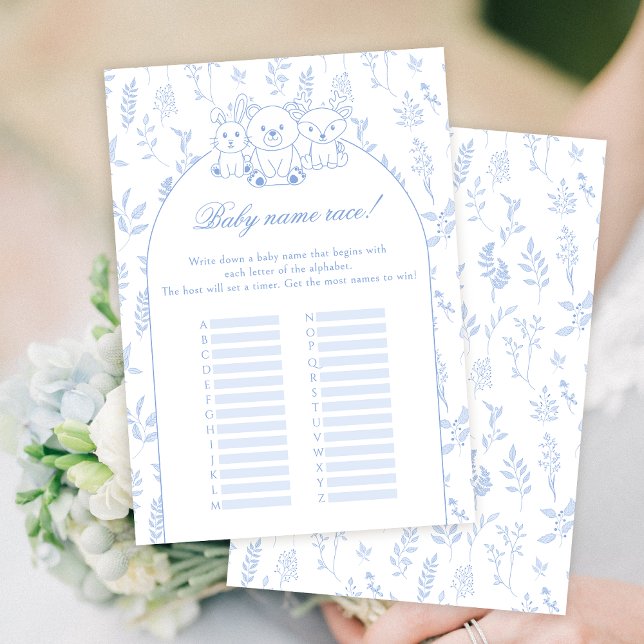Blue Woodland Baby Boy Shower Name Race Game Card (Creator Uploaded)