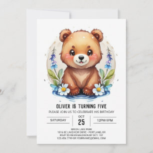 Blue Woodland Bear Boy Birthday Invitation