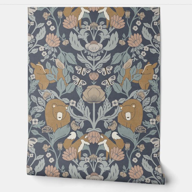 Blue Woodland Block Print Damask Wallpaper (Unrolling)
