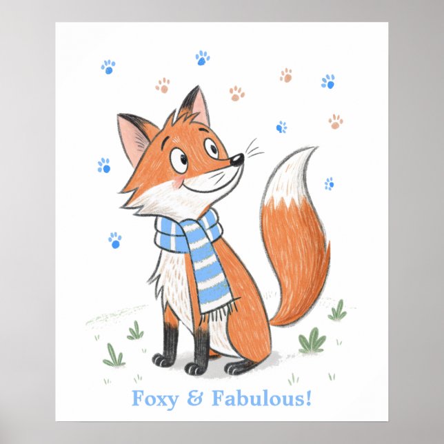 Blue Woodland Cheeky Fox Playful Doodle Animal  Poster (Front)