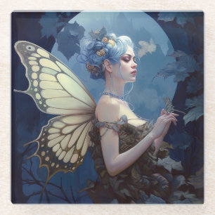 Blue Woodland Fairy Fantasy Art Glass Coaster