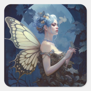 Blue Woodland Fairy Fantasy Art Square Sticker
