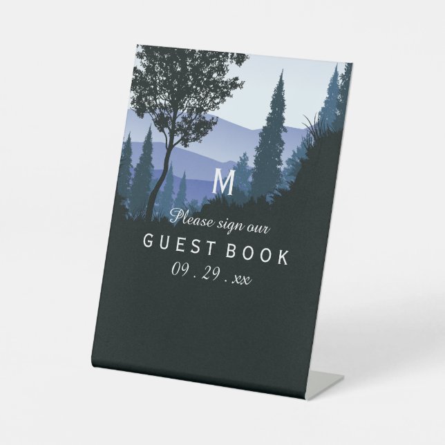 Blue Woodland Forest, Rustic Wedding Pedestal Sign (Front)