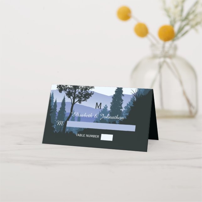 Blue Woodland Forest, Rustic Wedding Place Card (Front)