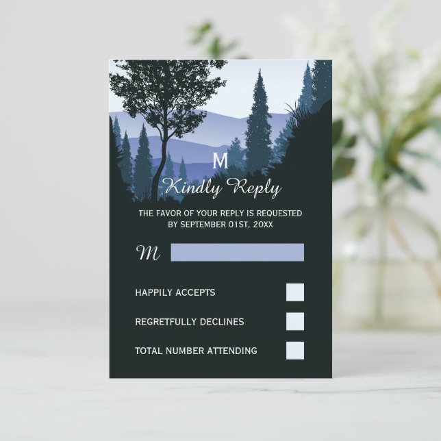 Blue Woodland Forest, Rustic Wedding RSVP Card (Standing Front)