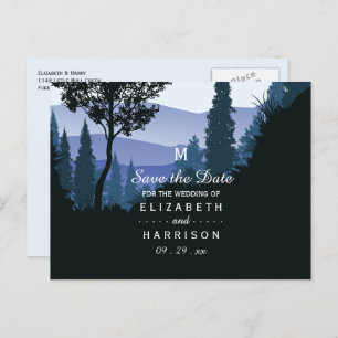 Blue Woodland Forest, Rustic Wedding Save the Date Announcement Postcard
