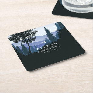 Blue Woodland Forest, Rustic Wedding Square Paper Coaster