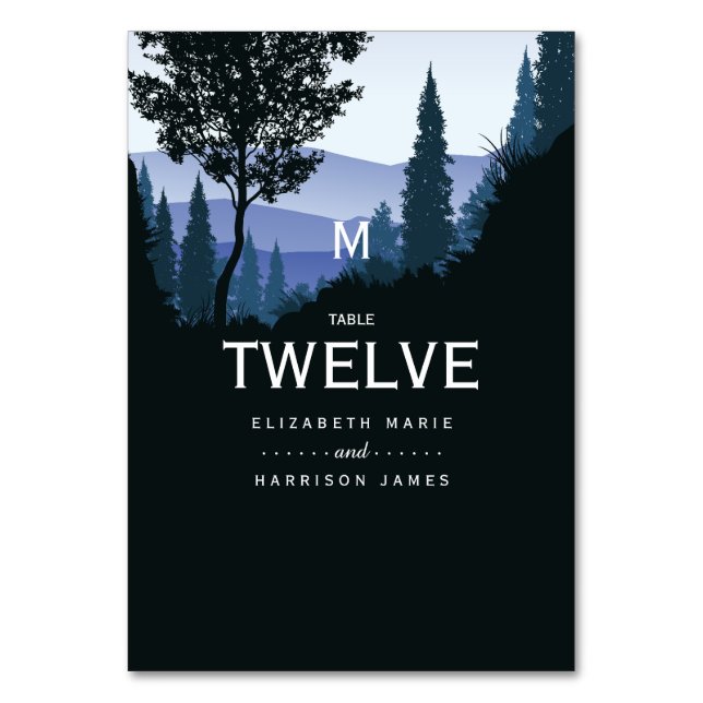 Blue Woodland Forest, Rustic Wedding Table Number (Front)