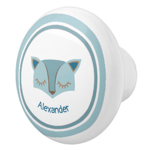 Blue Woodland Fox Face Ceramic Knob