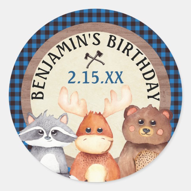 Blue Woodland Lumberjack Birthday Favour Stickers (Front)