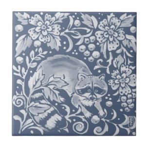 Blue Woodland Racoon Forest Animal Floral Ceramic Tile