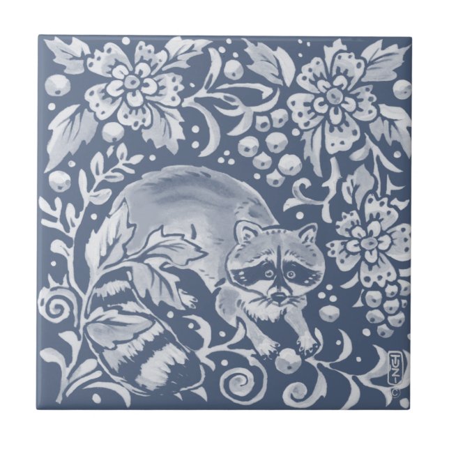 Blue Woodland Racoon Forest Animal Floral Ceramic Tile (Front)