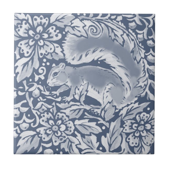 Blue Woodland Squirrel Forest Animal Floral  Ceramic Tile (Front)