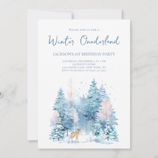 Blue Woodland Winter Wonderland 1st Birthday Party Invitation (Front)
