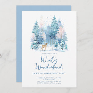Blue Woodland Winter Wonderland 2nd Birthday Party Invitation